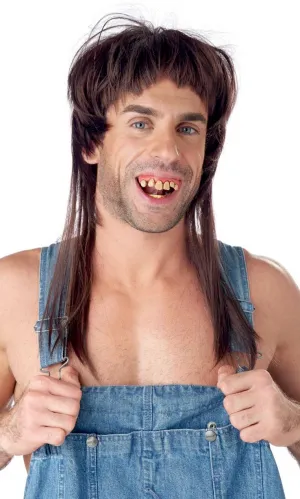 Hillbilly Hearthrob Mens Brown Mullet Costume Wig and Teeth