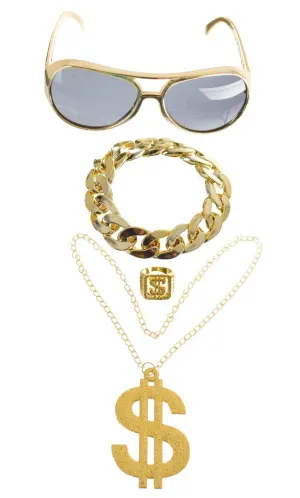 Hip Hop Gangsta Rapper Gold Jewellery Accessory Set