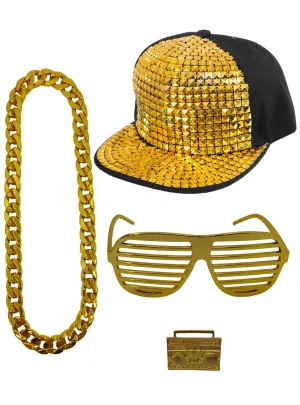 Hip Hop Gold Hat Glasses And Necklace Costume Accessory Set