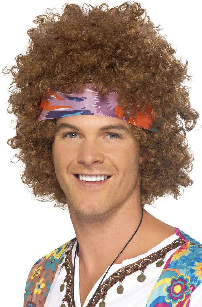 Hippie 1960s Brown Afro Mens Costume Wig Set