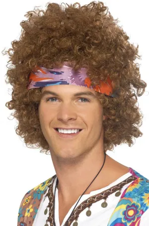 Hippie 1960s Brown Afro Mens Costume Wig Set