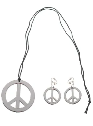 Hippie Peace Sign Necklace and Earrings Jewellery Set