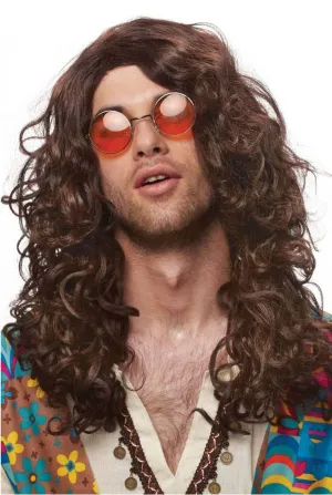 Hippie Rock Mens 1970s Curly Brown Costume Wig