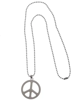 Hippie Silver Metal 70s Peace Sign Costume Necklace