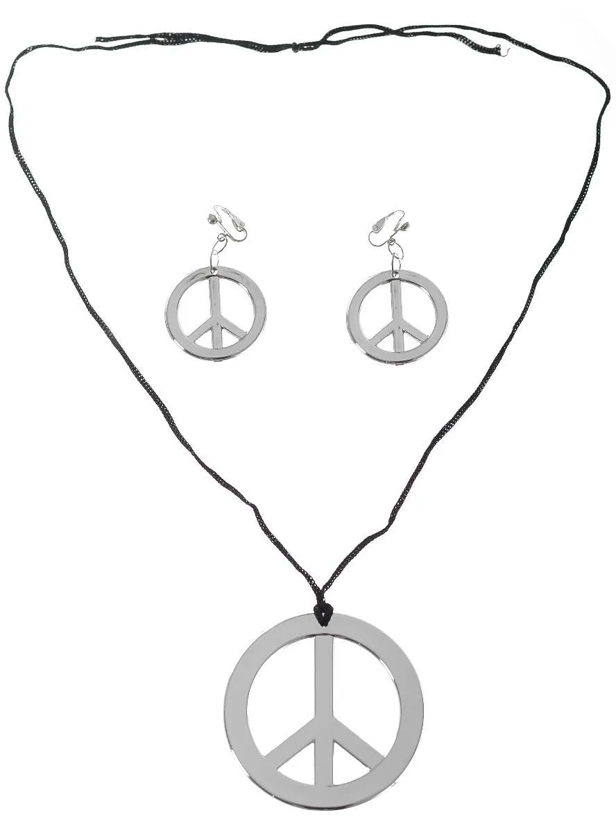 Hippie Silver Peace Sign Necklace and Earrings Set