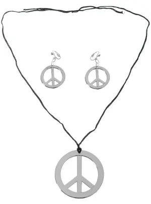 Hippie Silver Peace Sign Necklace and Earrings Set