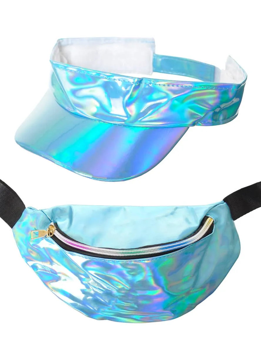 Holographic Blue 80s Visor and Bum Bag Set