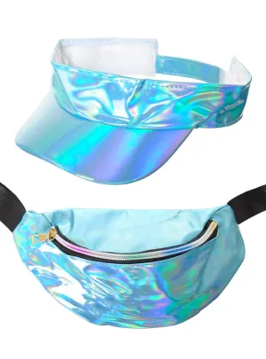 Holographic Blue 80s Visor and Bum Bag Set