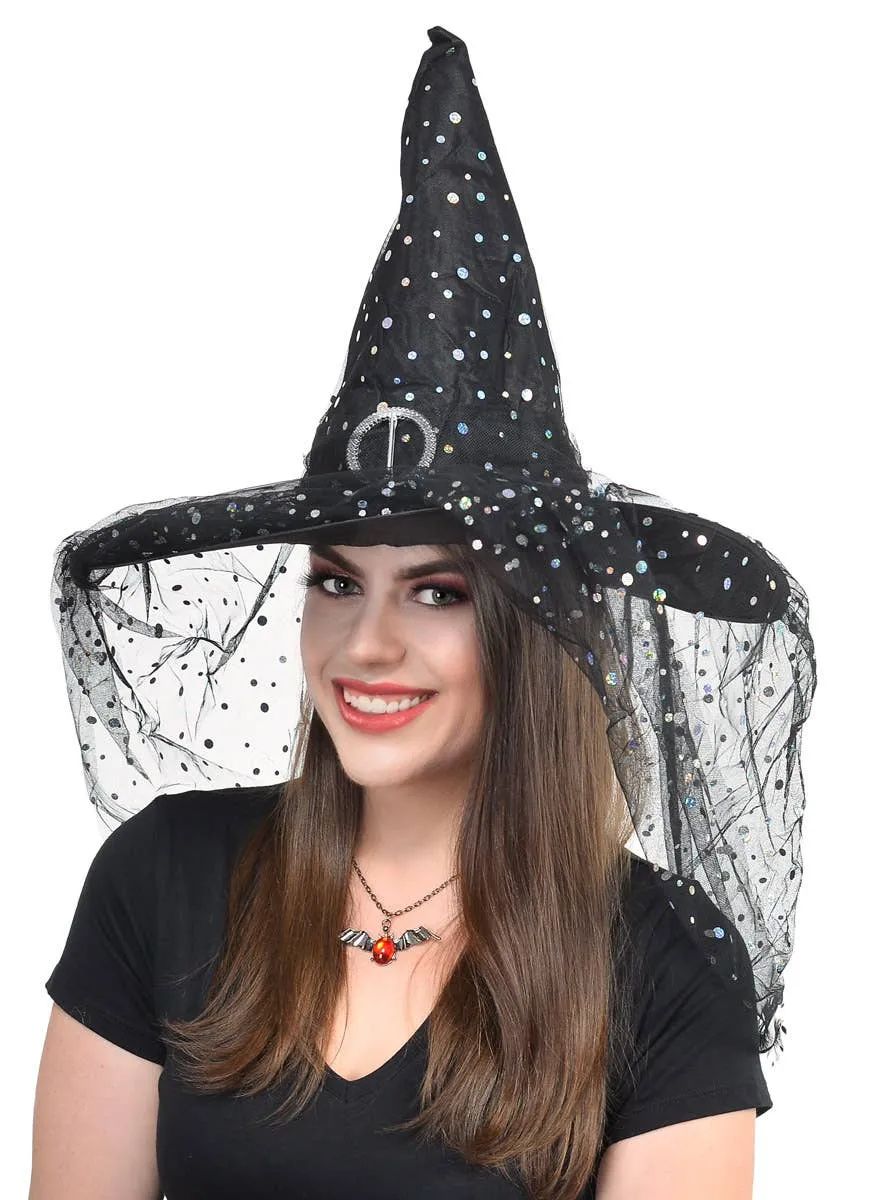 Holographic Dot Witch Hat with Buckle and Veil