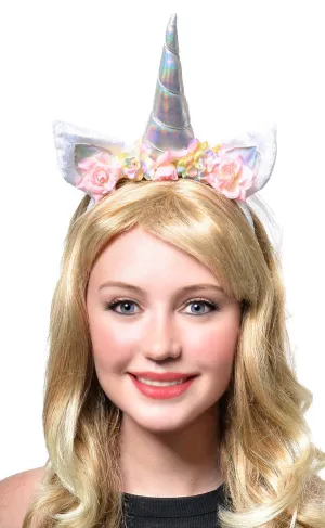 Holographic Floral Unicorn Headband with Pastel Net Veil