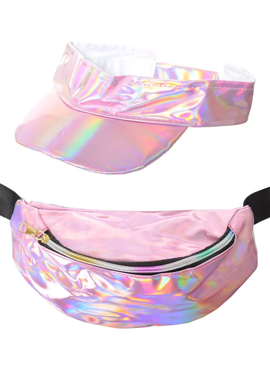 Holographic Pink 80s Visor and Bum Bag Set