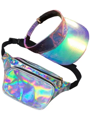 Holographic Silver Visor and Bum Bag Accessory Set