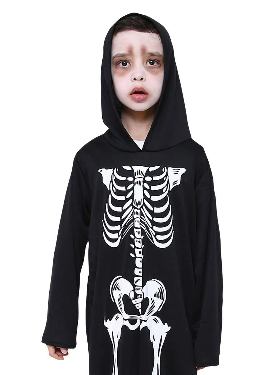 Hooded Black and White Skeleton Boys Costume Robe