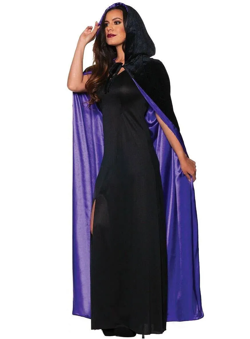 Hooded Black Crushed Velvet Costume Cape with Purple Satin Lining