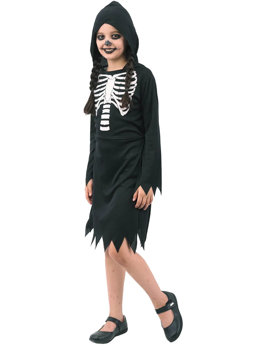Hooded Black Halloween Skeleton Girls Costume