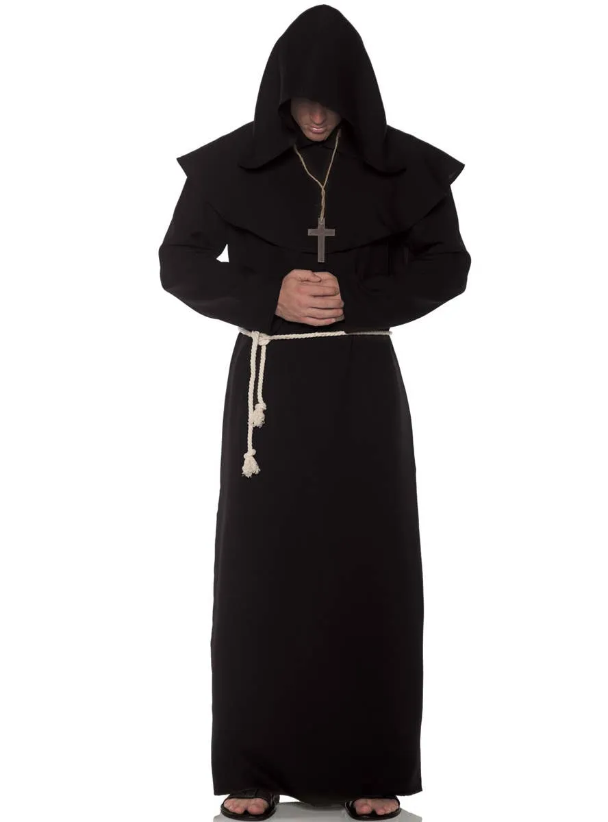 Hooded Black Monk Robe Mens Costume
