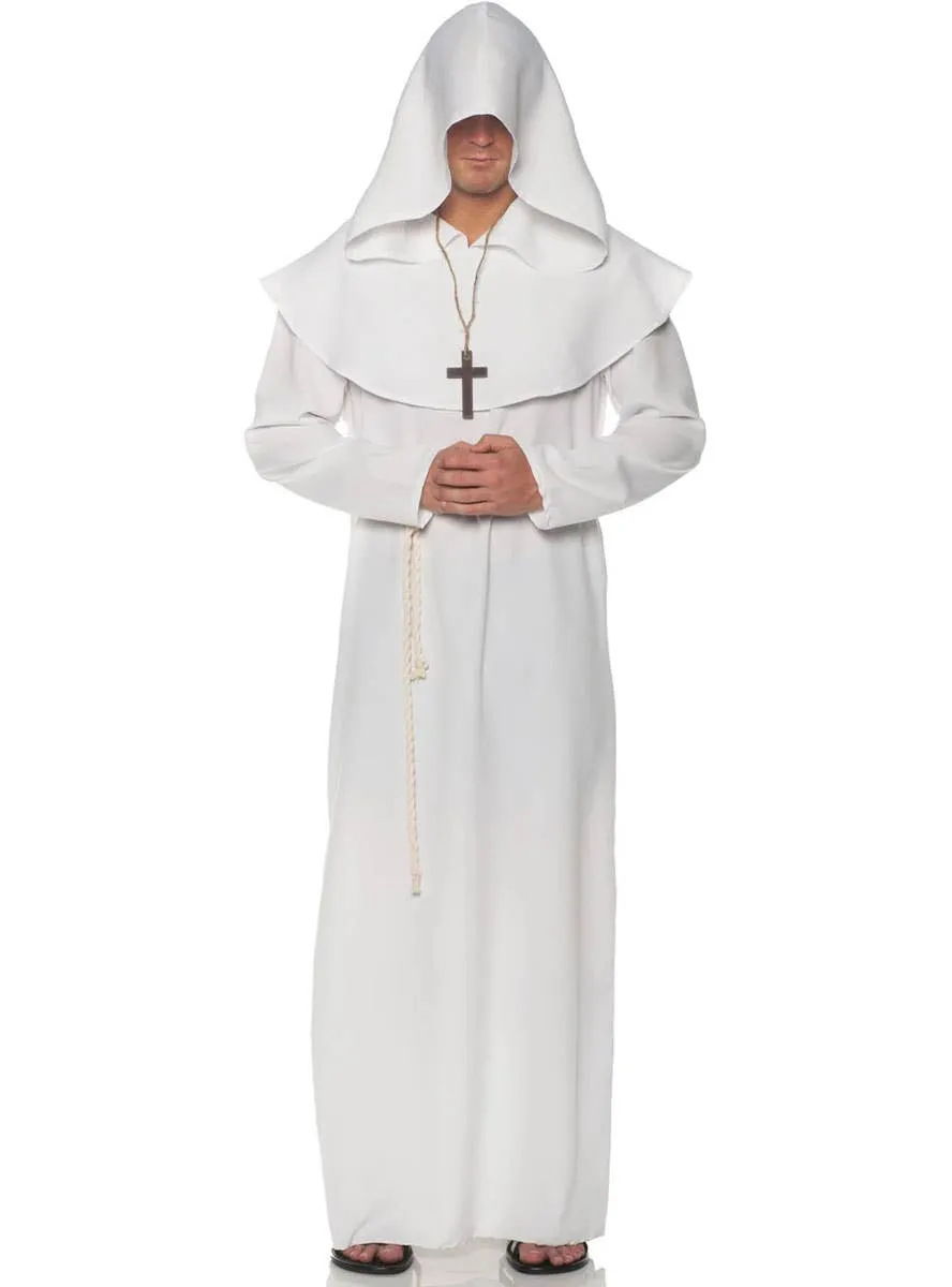 Hooded White Monk Mens Costume Robe