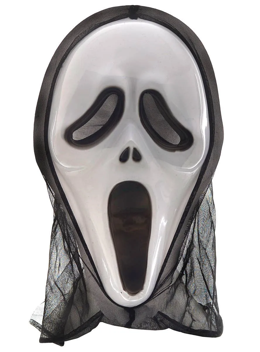 Hooded White Plastic Ghostface Halloween Costume Mask