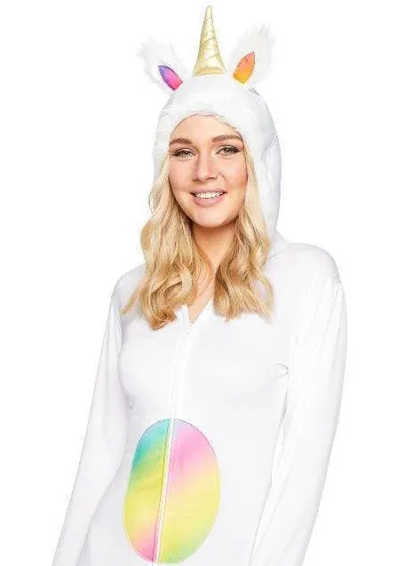 Hooded Womens White Unicorn Jumpsuit Costume