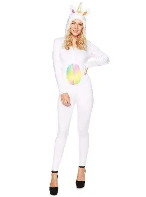 Hooded Womens White Unicorn Jumpsuit Costume