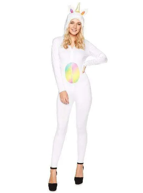Hooded Womens White Unicorn Jumpsuit Costume