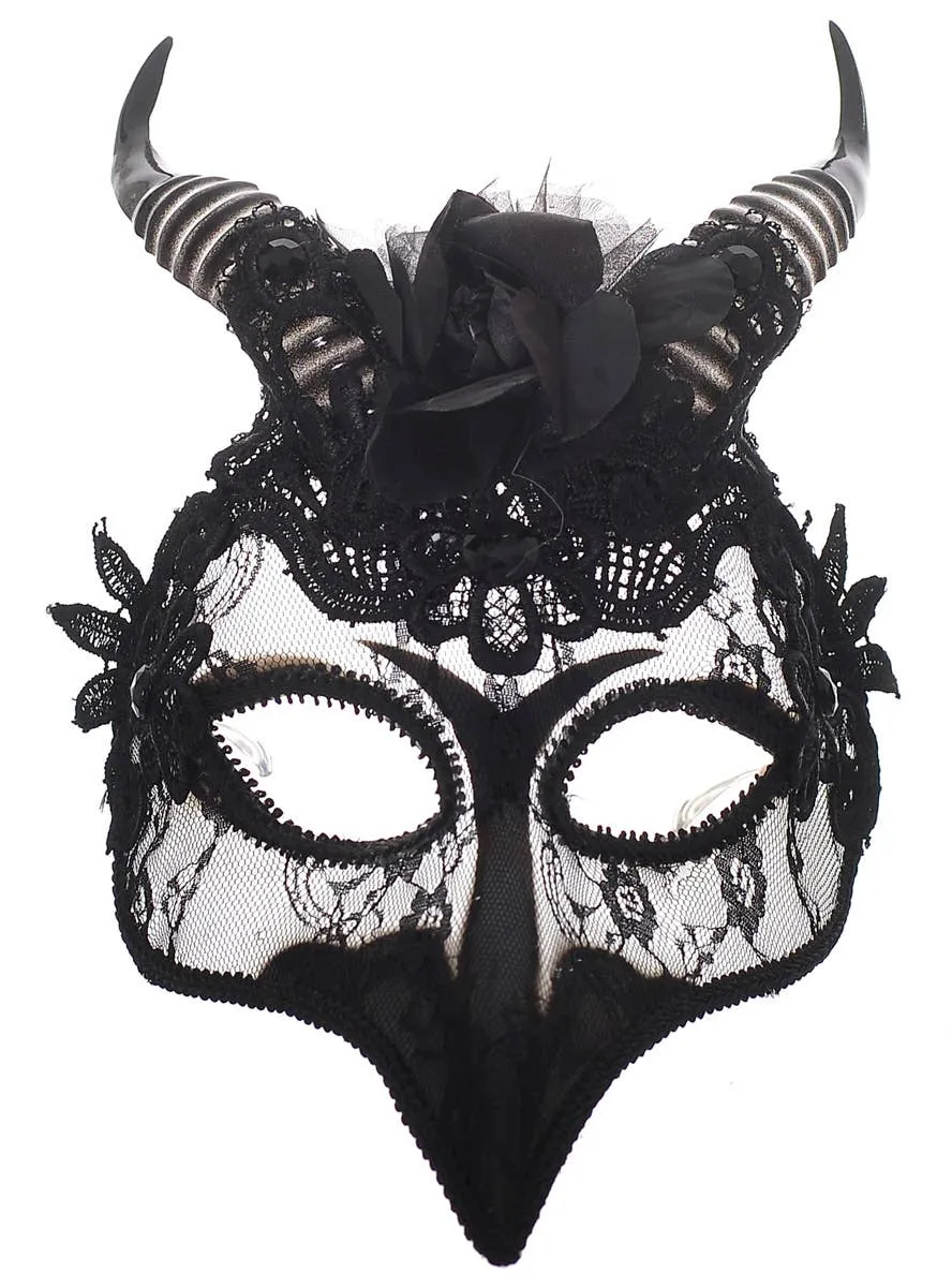 Horned Transparent Black Lace Bird Costume Mask