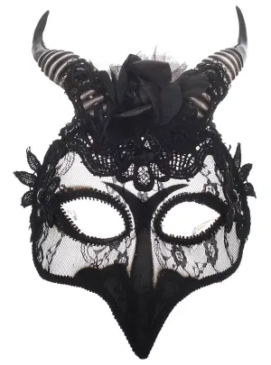 Horned Transparent Black Lace Bird Costume Mask