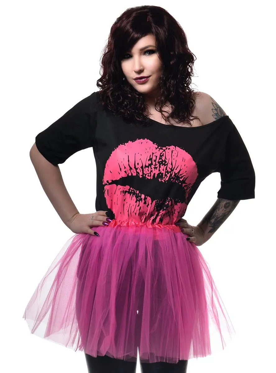 Hot Pink 1980s Womens Lips Shirt and Tutu Costume Set