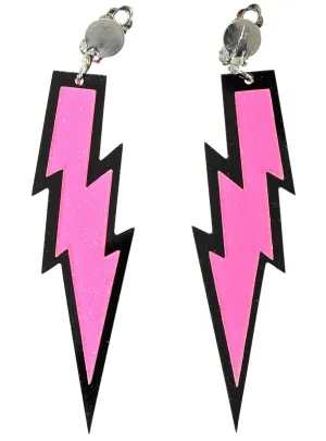Hot Pink 80s Lightning Bolt Clip On Costume Earrings