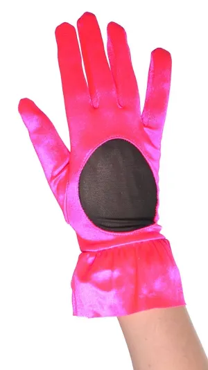 Hot Pink Womens 80s Satin and Black Mesh Costume Gloves