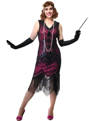 Hot Pink Womens Long 1920s Gatsby Dress with Black Sequins