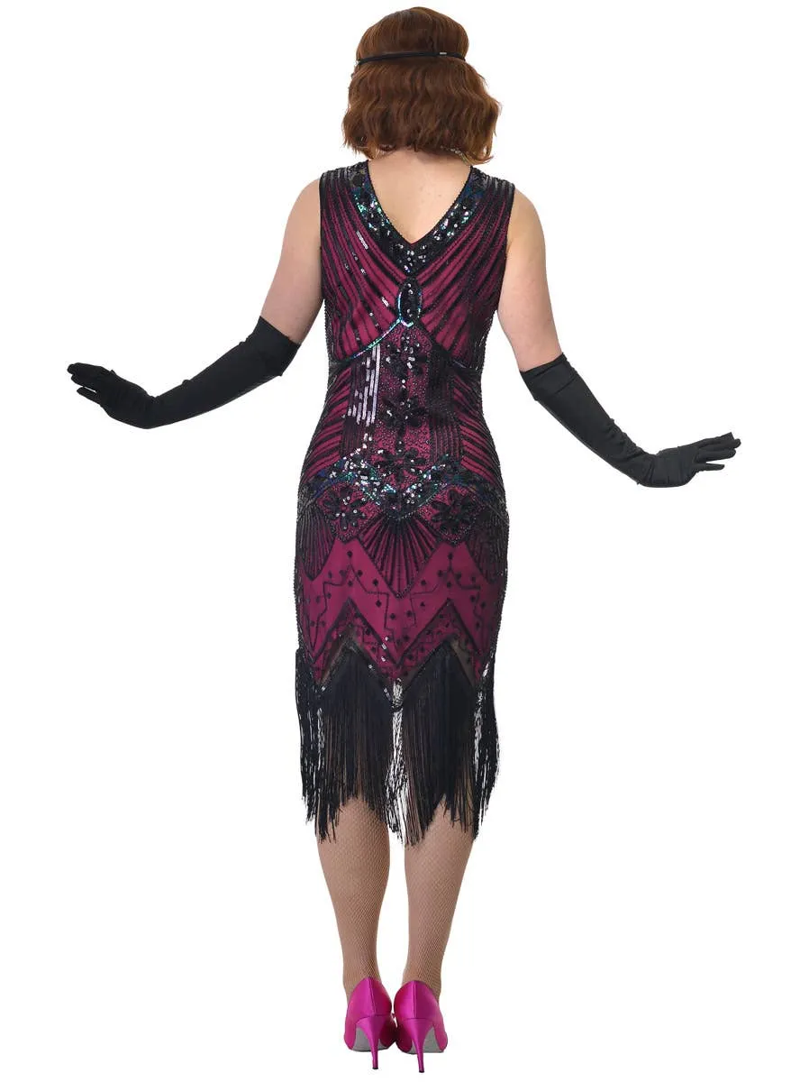 Hot Pink Womens Long 1920s Gatsby Dress with Black Sequins