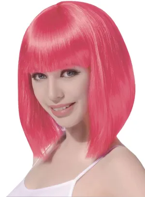 Hot Pink Womens Short Bob Costume Wig with Fringe