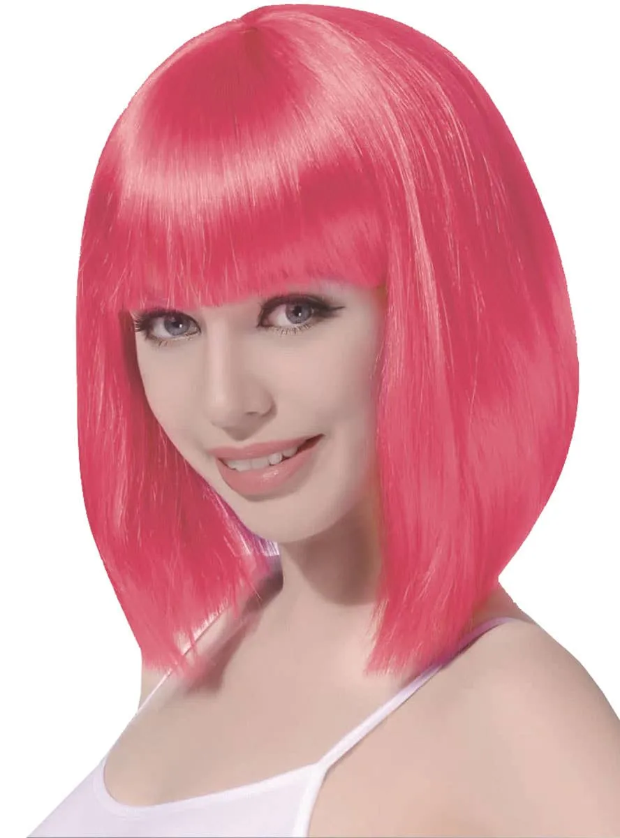 Hot Pink Womens Short Bob Costume Wig with Fringe