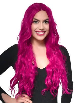 Hot Raspberry Pink Long Wavy Lace Part Synthetic Fashion Wig
