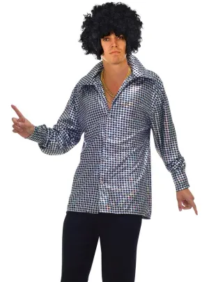 Hustling Hunk Mens Silver 1970s Disco Costume Shirt