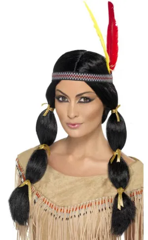 Indian Girl Womens Costume Wig With Feather Headband