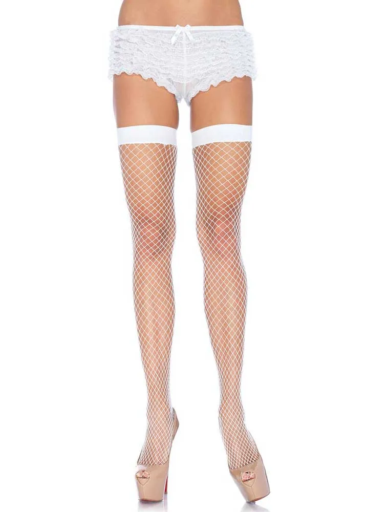 Industrial Net Plain Top Womens White Thigh High Stockings
