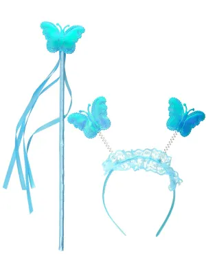 Iridescent Blue Girls Butterfly Wand and Headband Set