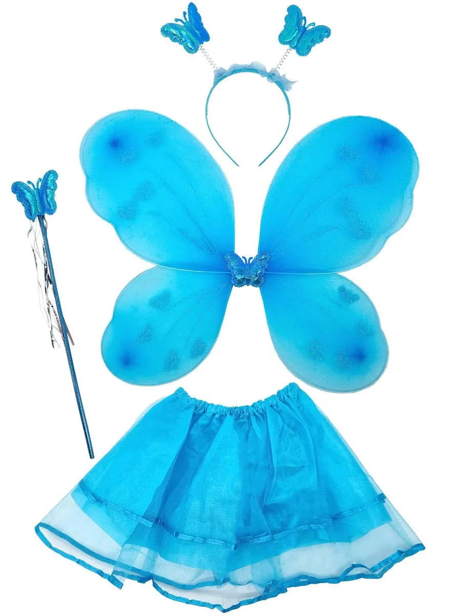 Iridescent Blue Toddler 4 Piece Butterfly Fairy Costume Set