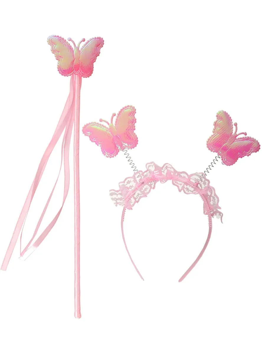 Iridescent Pink Girls Butterfly Wand and Headband Set