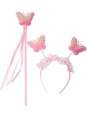 Iridescent Pink Girls Butterfly Wand and Headband Set