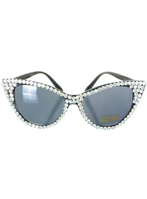 Iridescent Silver Rhinestone Cat Eye Costume Glasses