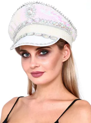 Iridescent White Festival Hat with Sequins and Jewels