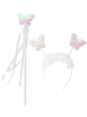 Iridescent White Girls Butterfly Wand and Headband Set