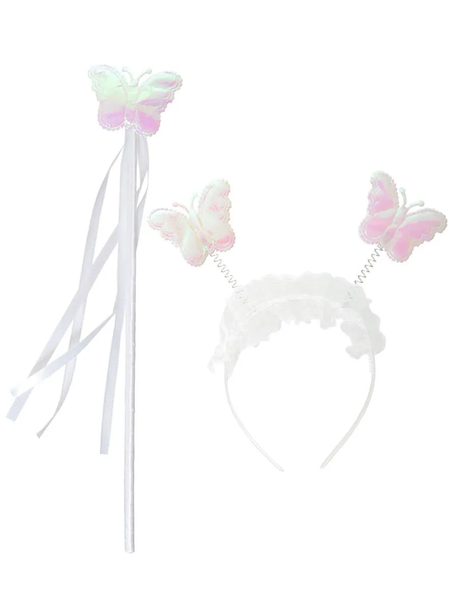 Iridescent White Girls Butterfly Wand and Headband Set