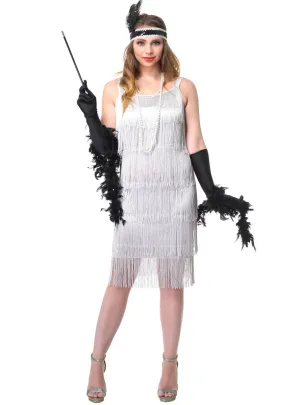 Jazzy Womens Silver Fringed 1920s Flapper Dress Costume
