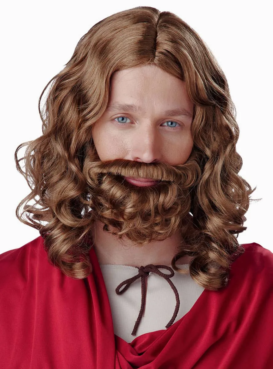 Jesus Mens Religious Brown Beard and Wig Set