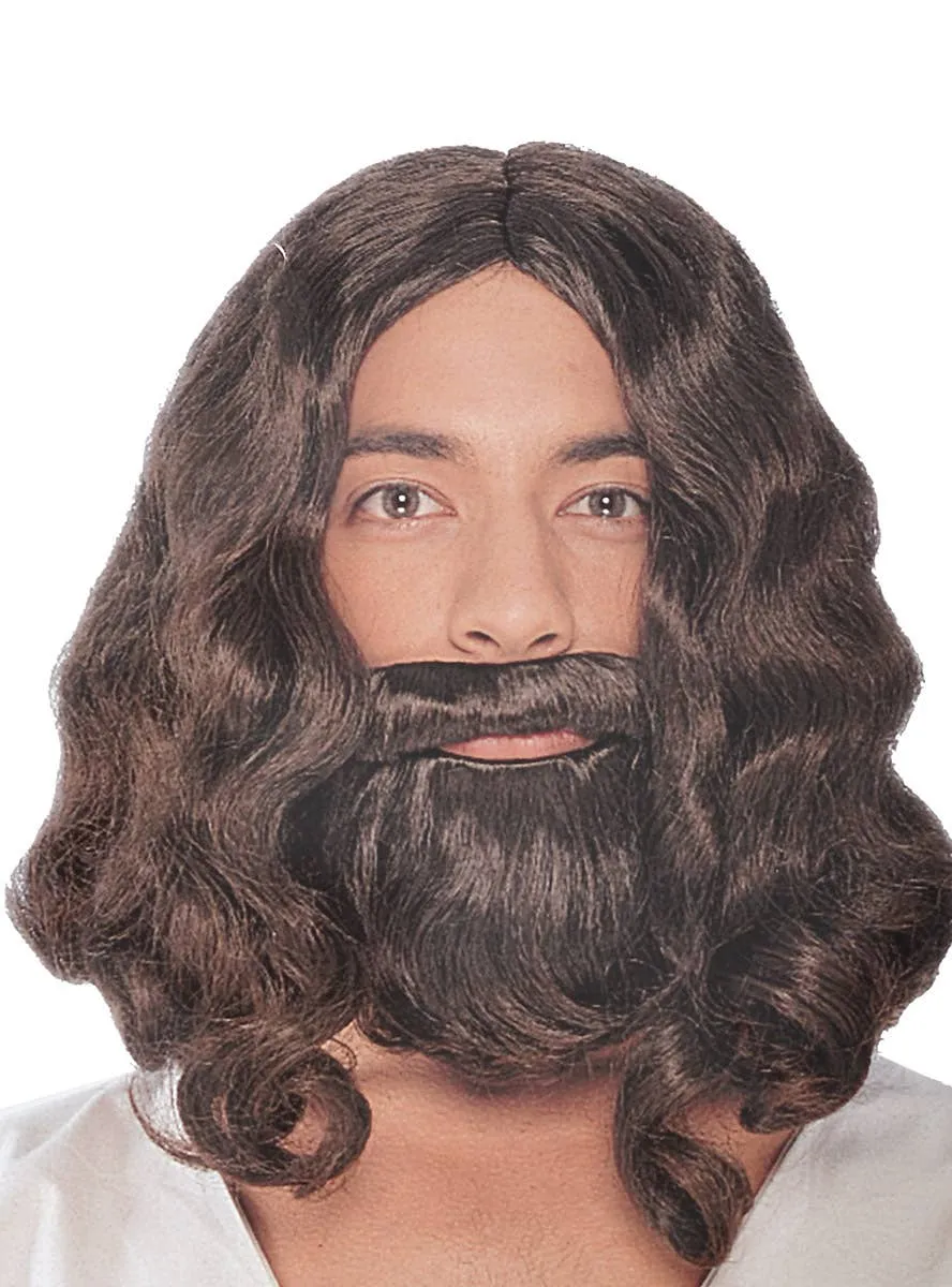 Jesus Wavy Brown Mens Costume Wig and Beard Set