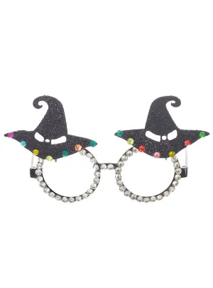Jewelled Black Glitter Witch Hat Halloween Costume Glasses